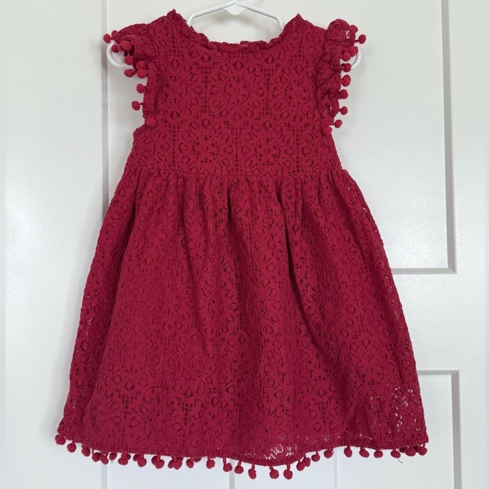 Deep Red Lace Dress with Pom Trim – Toddler 120 (Approx. 4–5T)